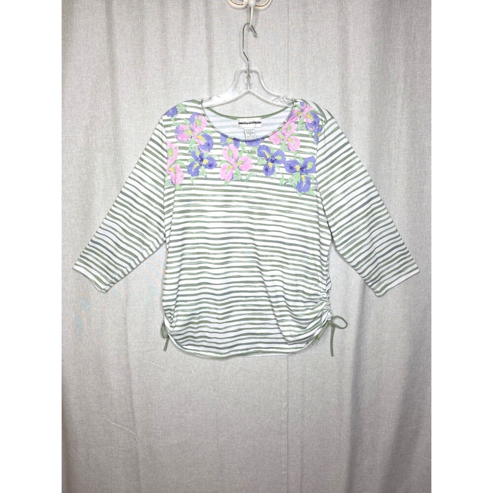Cathy Daniels Top XL Green White Striped Floral Purple Ruched Tie 3/4 Sleeve Tee